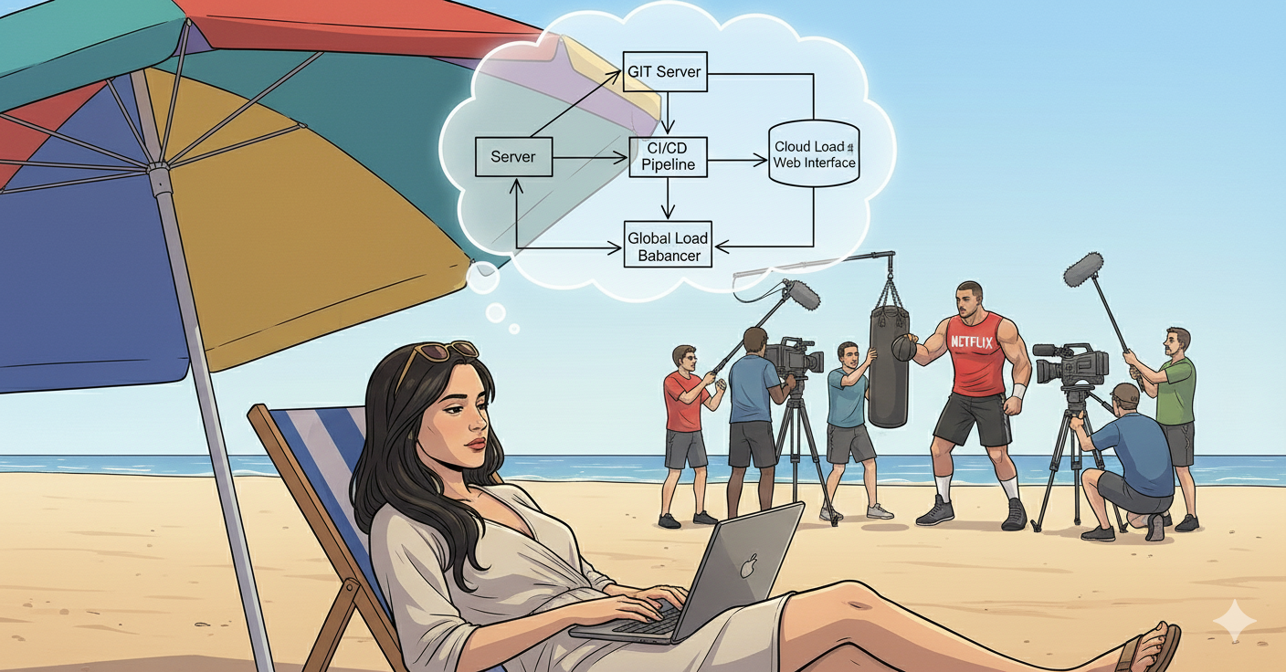 Engineer on beach building CDN architecture — work from anywhere
